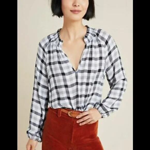 Anthropologie Cloth & Stone Black White Plaid Sarah Blouse Women's Size Small - Picture 1 of 7